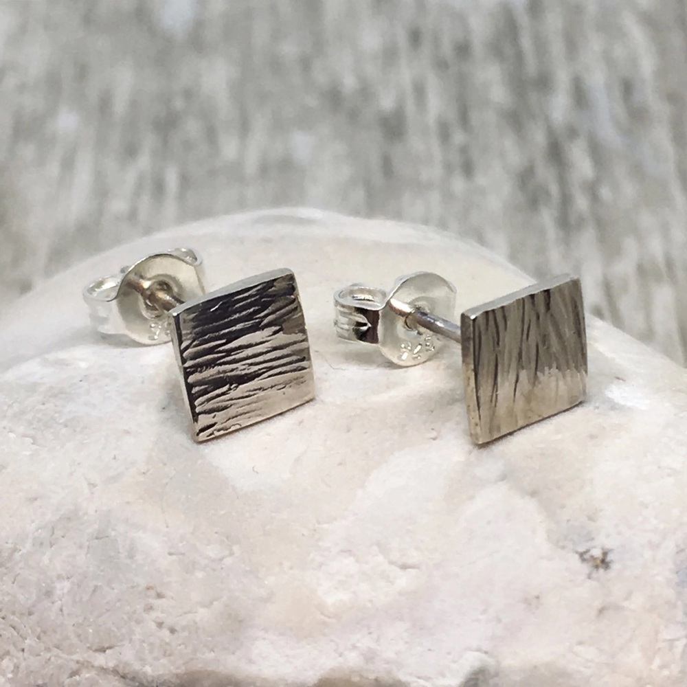 Silver Textured Square Stud Earrings